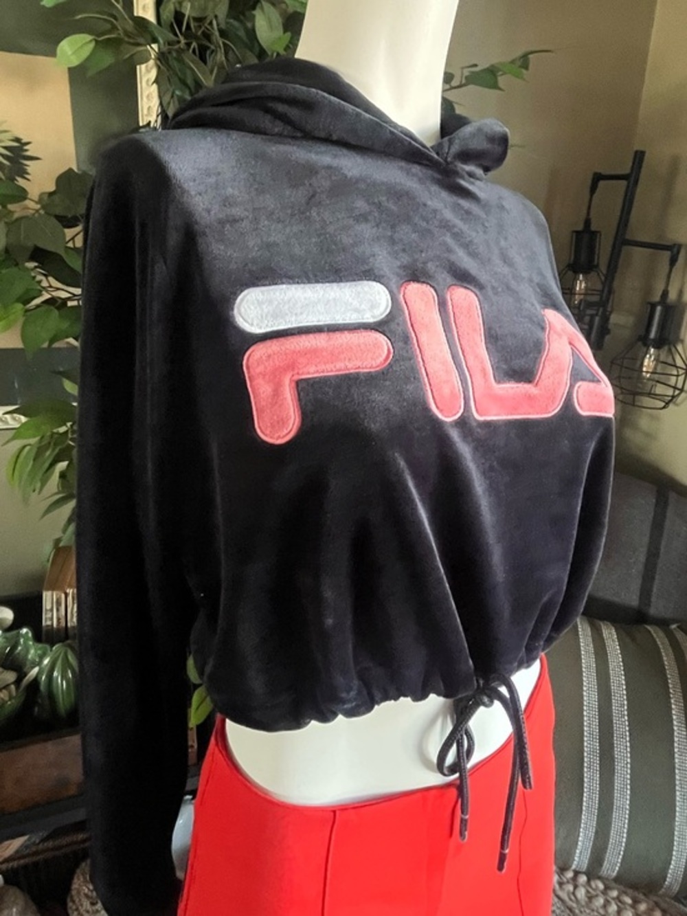 FILA Black Plush Cropped Hoodie with Pink Logo